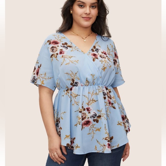 Bloomchic Plus Size Floral Print Wrap Ruffles Asymmetrical Hem Burgundy Blouse - Picture 1 of 5